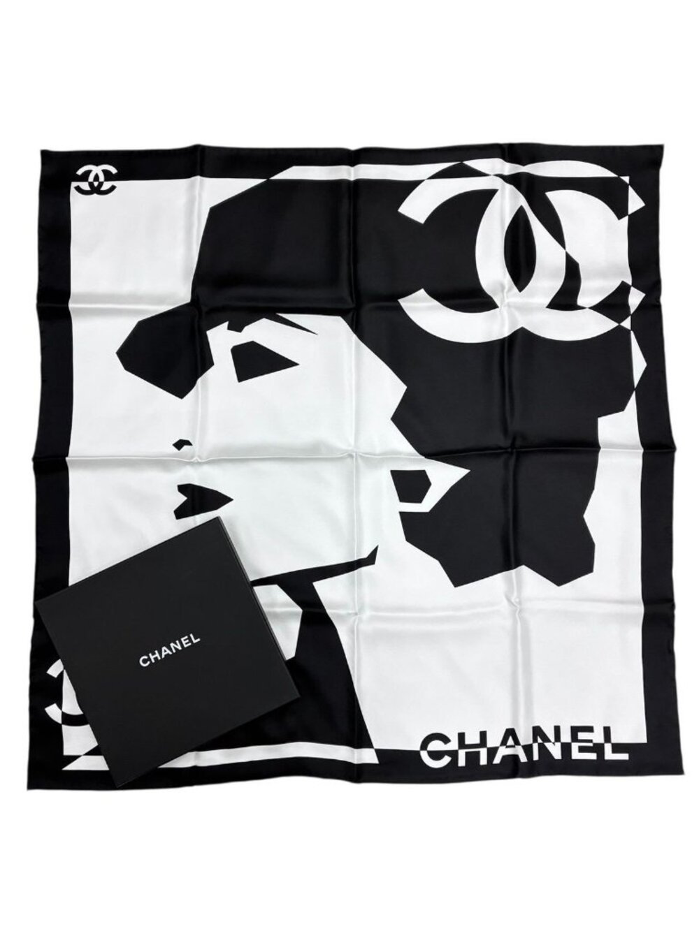 Chanel Silk% Large Scarf CC Logo Mademoiselle White Black